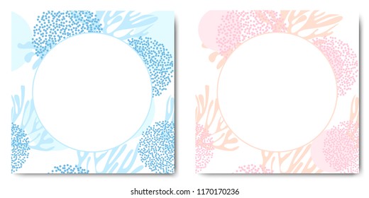 set of card templates with abstract floral background and round text frame in the center. 