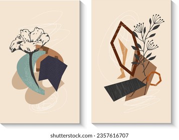Set of card templates with abstract illustrations. Shapes and spots. Textures and decorative plants. Vector. Templates for social media design, packaging, covers, cards, brochures and more.