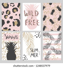 Set of card templates with animalistic print, pineapples, palm leaves and quotes. Summer tropic design, trendy style