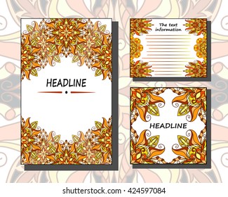 A set of card templates, brashyur, invitations. Page A4. Square and rectangular shapes. Floral mandalas. The Eastern vector flyer designs front sides. Easy to use and edit. Islam
