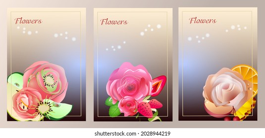 set of card templates with bright bouquets on a beige background.