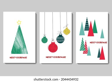 Set of card templates for Christmas and New Year. Stylized Christmas trees and balls. For greetings, invitations, flyers and brochures, covers, price tags and use in a variety of designs. Vector