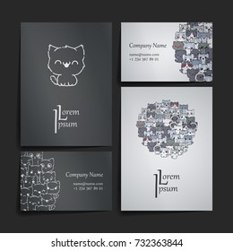 Set of card templates with cute cartoon cats and dogs with different emotions. Stickers and designs vector collection.