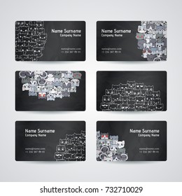 Set of card templates with cute cartoon cats and dogs with different emotions. Stickers and designs vector collection.
