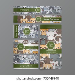 Set of card templates with cute cartoon cats and dogs with different emotions. Stickers and designs vector collection.