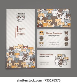 Set of card templates with cute cartoon cats and dogs with different emotions. Stickers and designs vector collection.