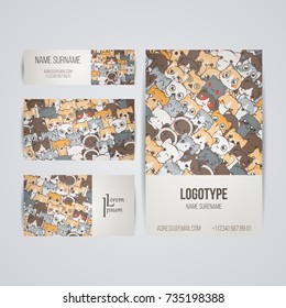 Set of card templates with cute cartoon cats and dogs with different emotions. Stickers and designs vector collection.