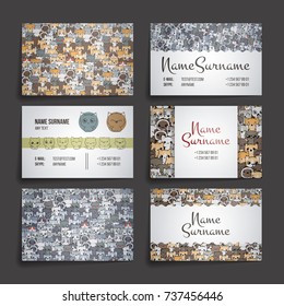 Set of card templates with cute cartoon cats and dogs with different emotions. Stickers and designs vector collection.