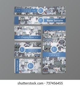 Set of card templates with cute cartoon cats and dogs with different emotions. Stickers and designs vector collection.