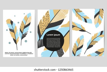 Set of card templates with decorative feathers for posters, flyers, invitations.