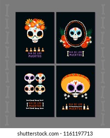 Set of card templates for Dia de los Muertos. Vector flat cartoon design.