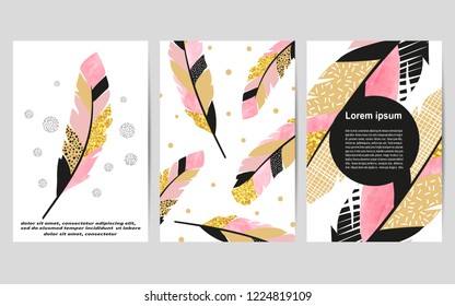 Set of card templates with feathers for posters, flyers, invitations.
