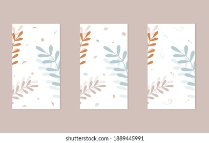 Set of card templates with floral pattern. Collection of vertical banners in muted tones. Floral backgrounds in minimal style. Design templates for social media stories. Flat vector illustration. 