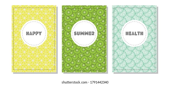 Set of card templates with fruit background. Summer bright fruit posters with a place for an inscription. Flat vector illustration. Posters with images of cucumber, kiwi and lemon