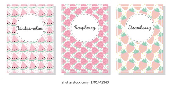Set of card templates with fruit background. Summer bright fruit posters with a place for an inscription. Flat vector illustration. Posters with images of watermelon, raspberries and strawberries.