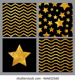 Set of card templates with gold seamless on black background patterns. Stars and stripes set vector illustration