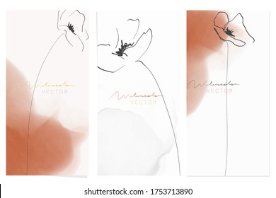 Set of card templates. Hand-drawn flowers poppies, abstract watercolor background. Elegant, minimalist design. Vector