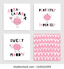Set of card templates for little princess.  Hand drawn vector illustration in pink.