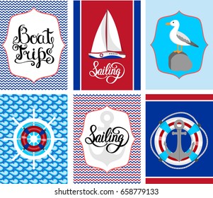 Set of card templates, nautical theme, with marine background ana elements, good for postcards, invitations, business cards, tickets or other designs. 
