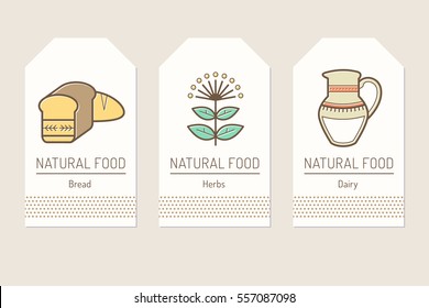 Set of card templates with outlined natural food signs. Bread, herbs, dayry products. Colorful minimalist tag layout. Linear design for business