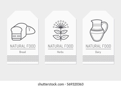 Set of card templates with outlined natural food signs. Bread, herbs, dairy products. Black and white minimalist tag layout. Linear design for business