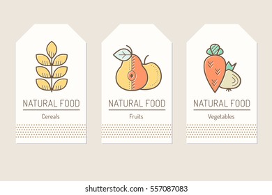 Set of card templates with outlined plant food signs. Cereals, fruits, vegetables. Colorful minimalist tag layout. Linear design for agricultural business
