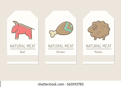 Set of card templates with outlined protein food signs. Farm animal, sorts of meat. Minimalist tag layout. Linear design for business