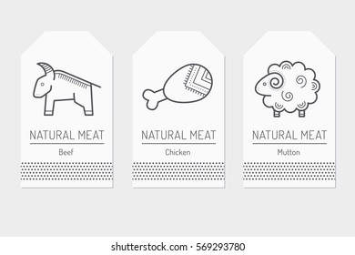 Set of card templates with outlined protein food signs. Farm animal, sorts of meat. Black and white minimalist tag layout. Linear design for business