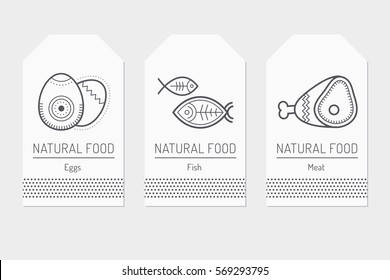 Set of card templates with outlined protein food signs. Eggs, fish, meat. Black and white minimalist tag layout. Linear design for business