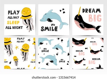 A set of card templates and seamless patterns with sea animals and lettering, cute underwater characters. Ideal for greeting, motivating cards, nursery posters. Vector, Scandinavian style
