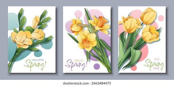 Conjunto de Plantillas de tarjeta con flores de primavera. Postal, póster con tulipanes, narcisos, fresia. Ilustración vectorial de flores delicadas en estilo de dibujos animados para tarjeta, invitación, fondo, etc.