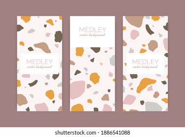 Set of card templates with terrazzo pattern. Trendy Venetian background with various organic geometric shapes and place for text. Collection of colorful vertical banners. Flat vector illustration