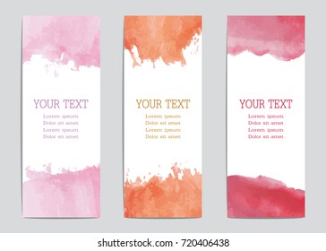 The set of card templates with watercolor hand drawn elements. 