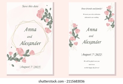 Un conjunto de plantillas de tarjetas para una invitación a la boda en delicados tonos color agua rosado. Una postal para una celebración, una fiesta, un feriado. Diseño de vectores
