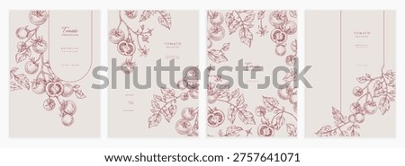 Set of card with tomatoes brunch and leaves. Detailed hand drawn ink illustration for template layout design, brochure or cover for food card or menu