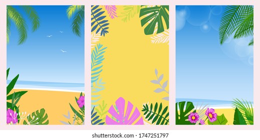 Establezca el verano de vacaciones en la tarjeta. Ilustración vectorial de diseño plano. Vacaciones de verano y cosas y objetos de vacaciones en la playa. Dimisión con hojas exóticas, flores y palmeras.