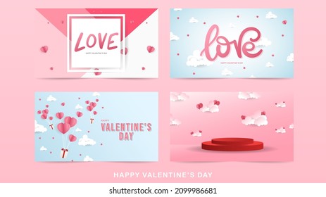 Set card Valentine's Day  with Love handwriting and cloud on pink background , Flat Modern design , illustration Vector EPS 10