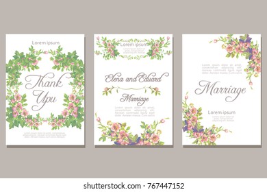 Set of card with vector flower rose leaves. Wedding ornament concept. Floral magazine or poster or invite. Vector layout decorative greeting card or invitation design background