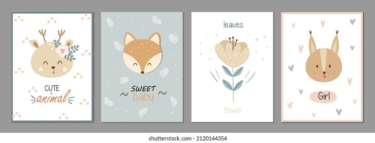 Set of card vector illustrations with squirrel, fox, deer and flower for wall framed prints, card, canvas prints, poster, home decoration