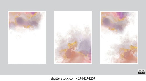 Set of card with watercolor background. 5x7 invitation card background template collection.Rose color,gray,pink and gold watercolor background.  Pastel watercolour invitation card and space for texts.