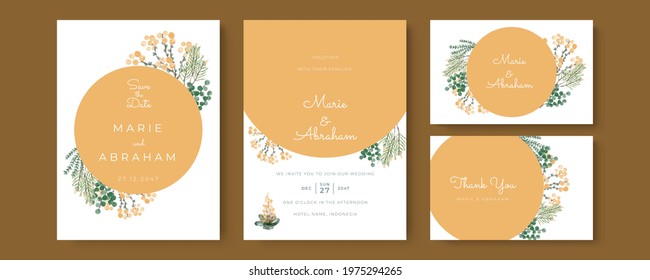 Set of card with watercolor floral, leaves. Wedding ornament or frame concept. Floral poster, banner, company profile, business card. Vector decorative greeting card or invitation design background 