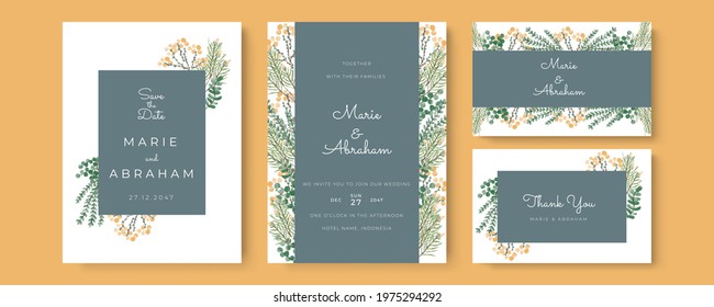 Set of card with watercolor floral, leaves. Wedding ornament or frame concept. Floral poster, banner, company profile, business card. Vector decorative greeting card or invitation design background 
