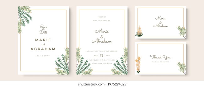 Set of card with watercolor floral, leaves. Wedding ornament or frame concept. Floral poster, banner, company profile, business card. Vector decorative greeting card or invitation design background 
