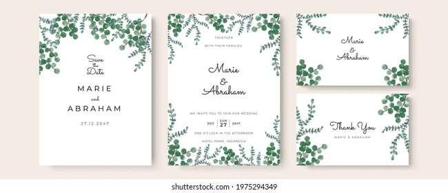 Set of card with watercolor floral, leaves. Wedding ornament or frame concept. Floral poster, banner, company profile, business card. Vector decorative greeting card or invitation design background 