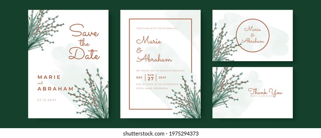 Set of card with watercolor floral, leaves. Wedding ornament or frame concept. Floral poster, banner, company profile, business card. Vector decorative greeting card or invitation design background 