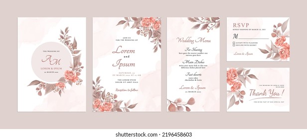 Set of card with watercolor hand drawn flower rose, leaves. Wedding ornament concept. Floral poster, invite. Vector decorative greeting card or invitation design background