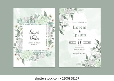 Set of card with watercolor hand drawn flower rose, leaves. Wedding ornament concept. Floral poster, invite. Vector decorative greeting card or invitation design background