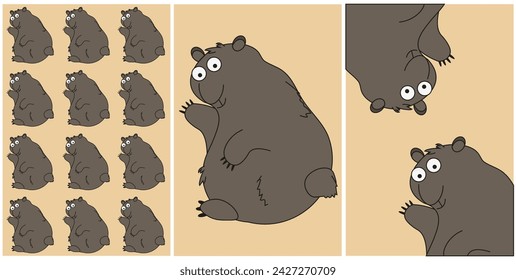 
Set card with Weird cartoon muskrat. Cute Doodle Teddy Bear in trendy minimalism style. Vector illustration can used t-shirt print, web and social media banner. EPS 10 Editable stroke