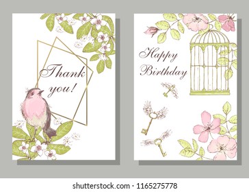 Set of card with wiid rose, robin bird, cage, keys, leaves and geometrical frame. Freedom concept. Floral poster, invite. Vector decorative greeting card, invitation design background