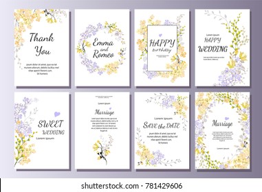 Set Of Card With Yellow Wild Flower, Leaves. Wedding Ornament Concept. Floral Poster, Invite. Vector Decorative Greeting Card Or Invitation Design Background